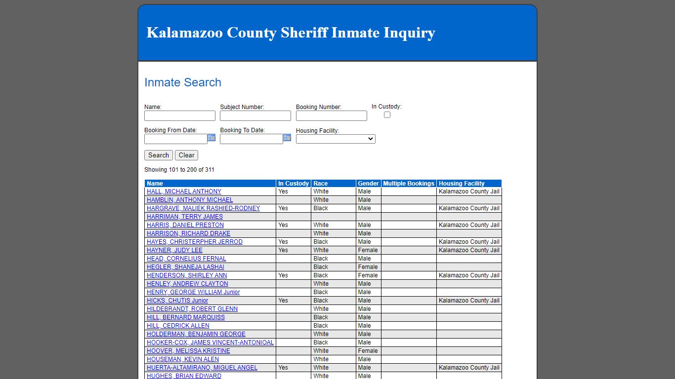 Inmate Search - Kalamazoo County County Consolidated Dispatch